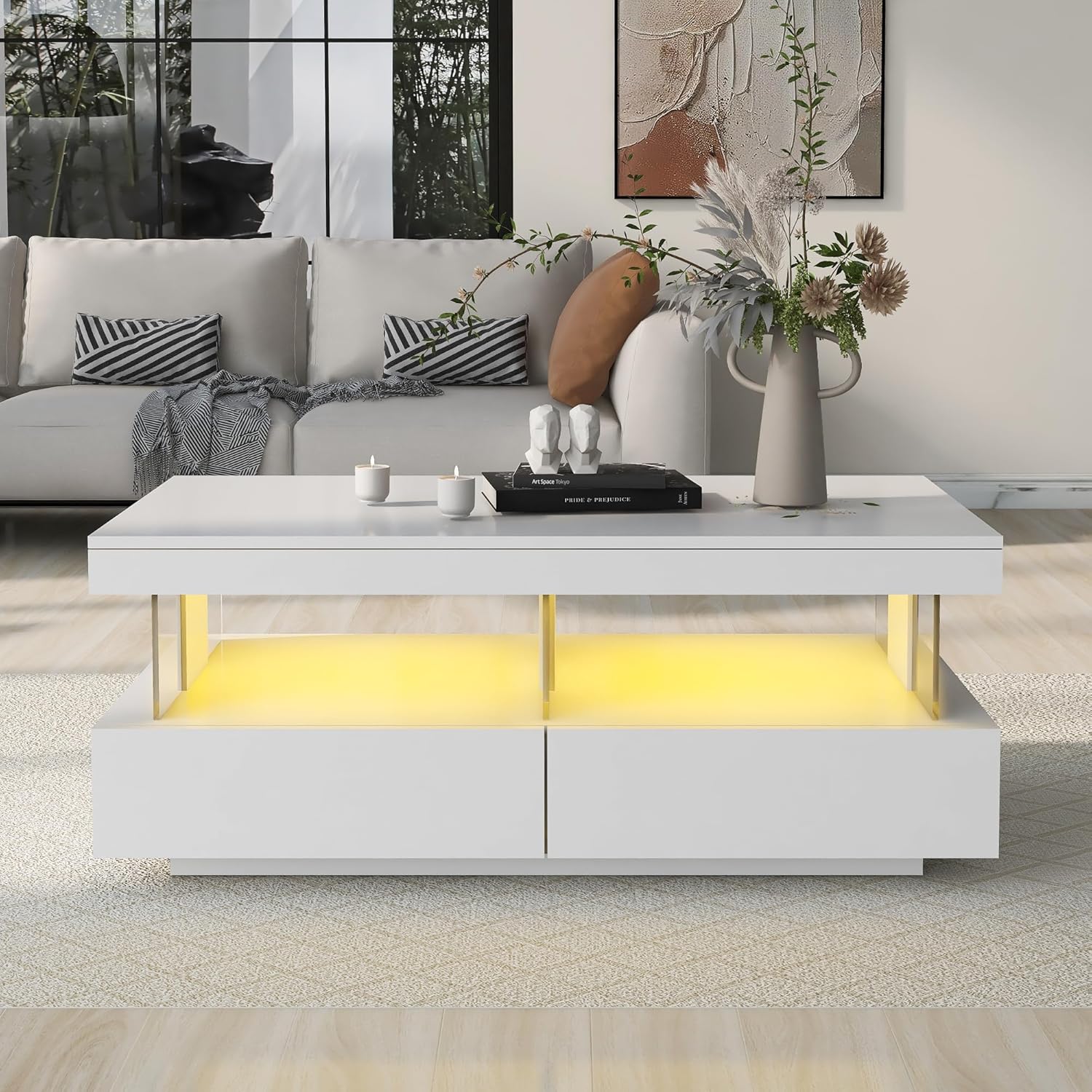 Merax Hochglanz Couchtisch mit LED-Beleuchtung und Acrylplatten – Moderner Sofatisch für Wohnzimmer – Langlebig, Kratzfest und praktisch Weiß