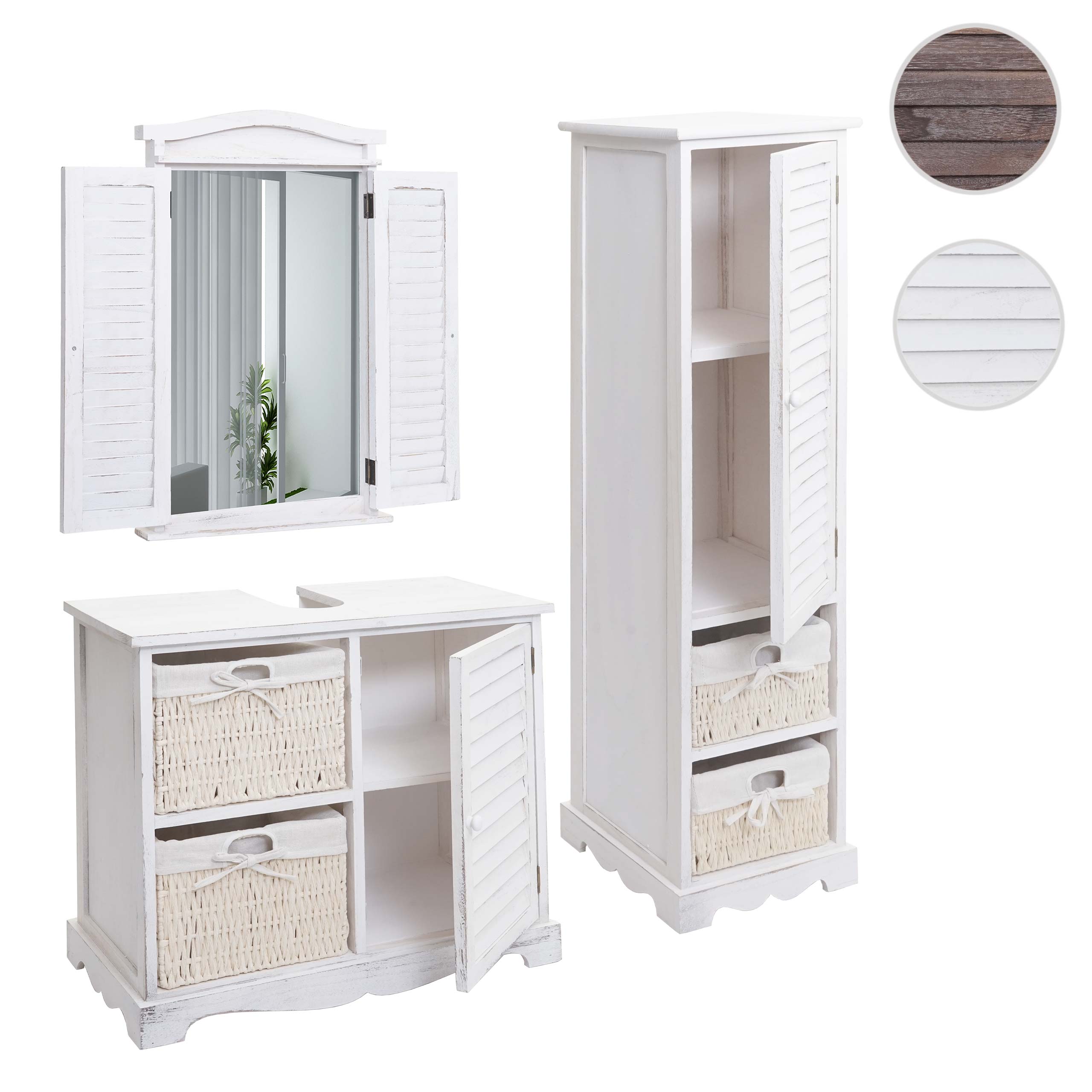Badezimmerset MCW-H20, Badmöbel-Set Hochschrank Waschbeckenunterschrank Wandspiegel ~ shabby weiß