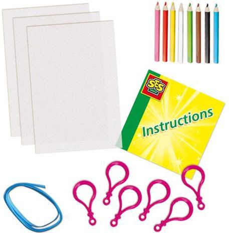 SES Creative - Krimpfolie - Sleutelhangers Maken - Inclusief Kleurpotloden en Lint