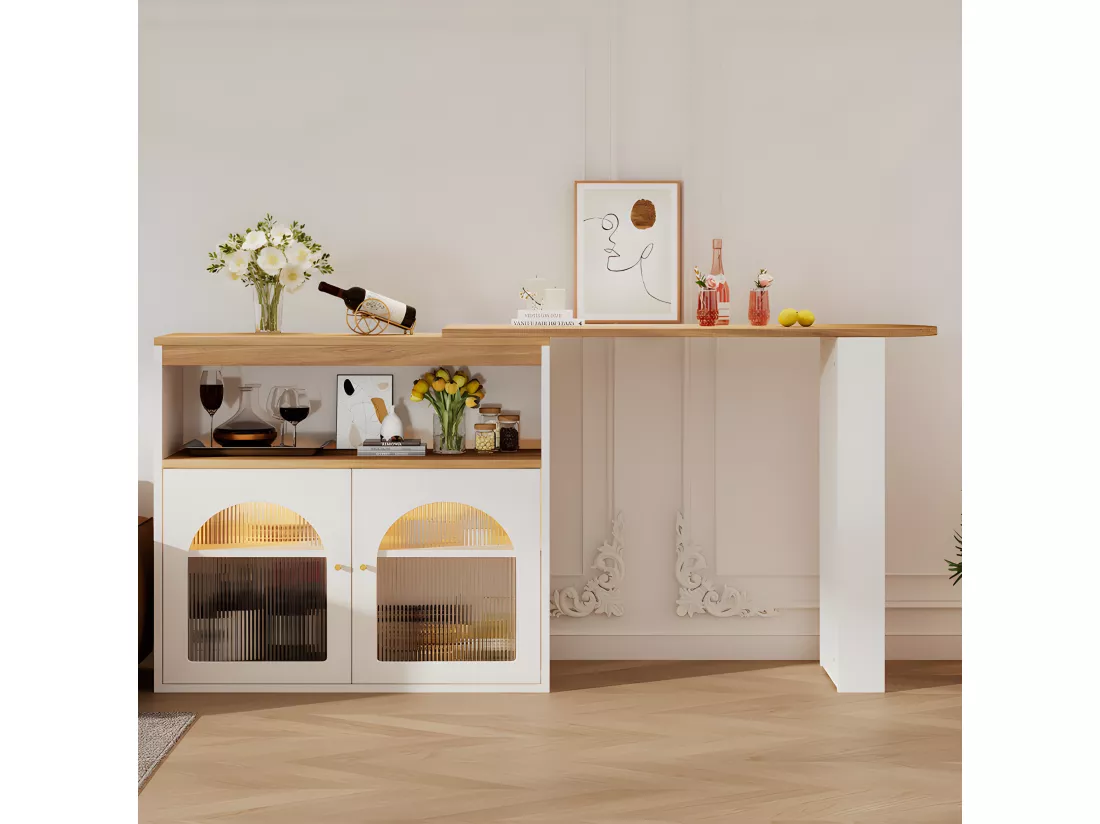 Buffet、Meuble de bar pivotant et escamotable avec LED - grand espace de rangement - style contemporain - Blanc
