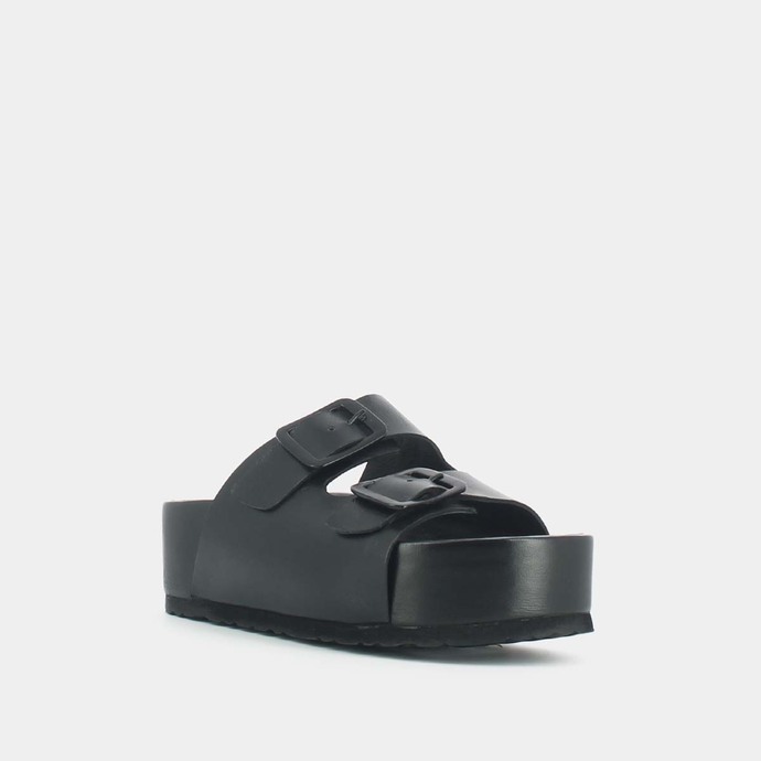 Mules à boucles et plateformes  en cuir noir
