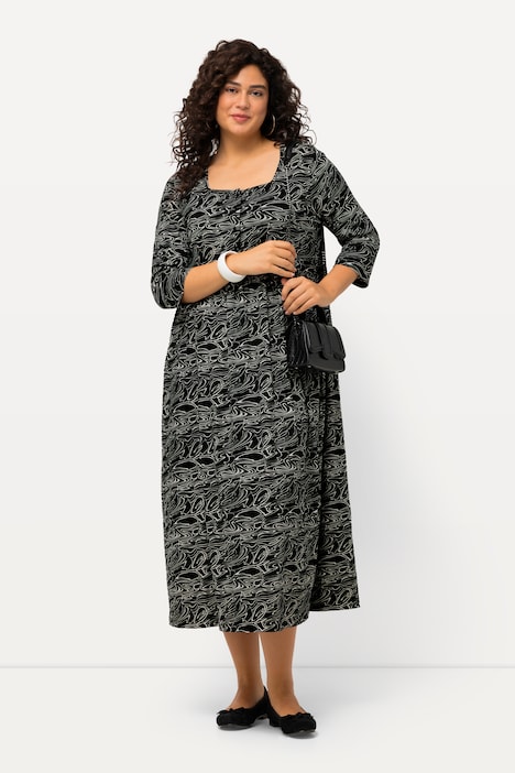 Jerseykleid, Wellen, A-Linie, Carree-Ausschnitt, 3/4-Arm