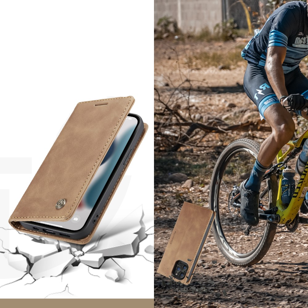 iPhone 13 Pro Leder Tasche Flip Wallet Etui mit Kartenfächern - Hellbraun