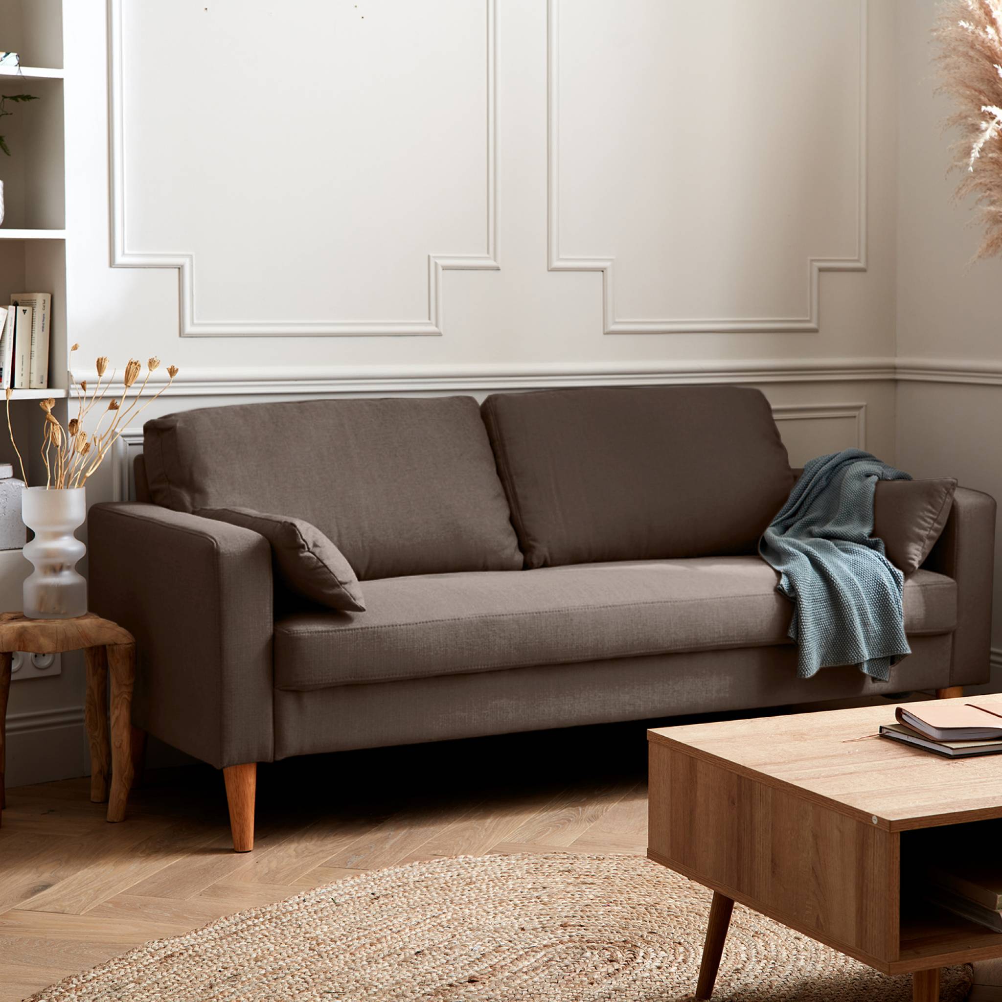 Canapé en tissu marron - bjorn - canapé 3 places fixe droit pieds bois. Style scandinave
