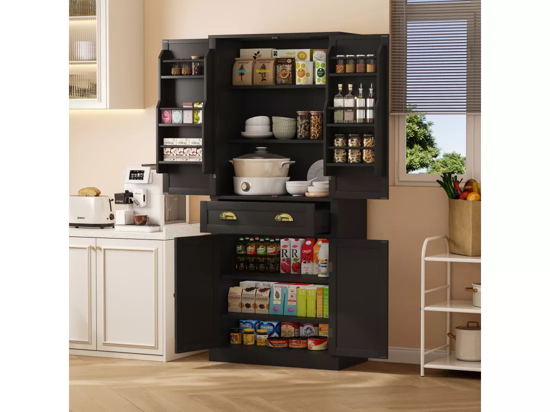 Buffet de cuisine avec 4 portes et 1 tiroir - 80 x 40 x 182 cm - étagères réglables - Bois MDF - Noir