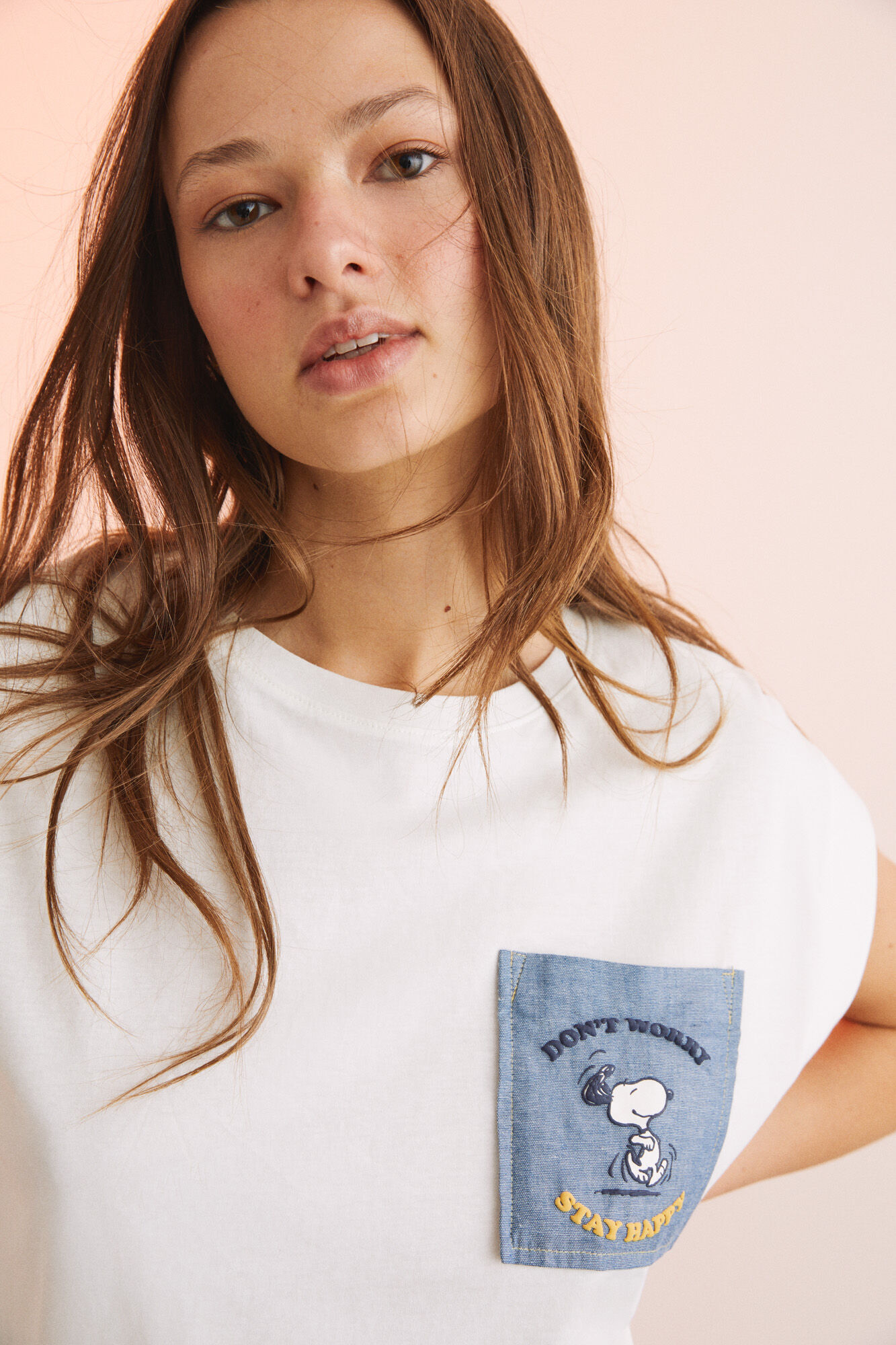 Camiseta de algodão de manga curta Snoopy cor marfim - Bege
