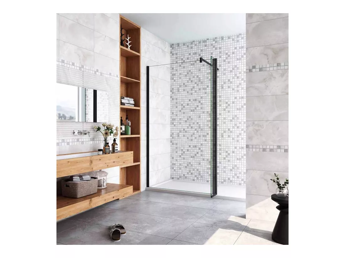 Paroi de douche à l'italienne avec retour pivotant 100+30x200cm avec barre de fixation 90cm en carré - Noir Mat - 8mm verre anticalcaire