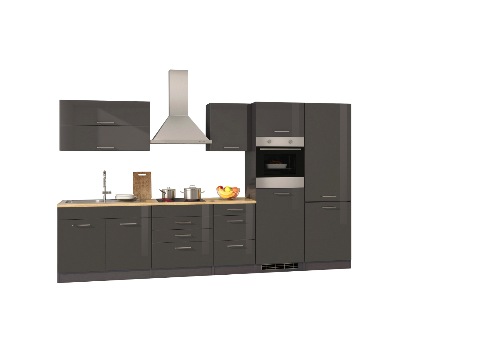 Küchenblock ROM - grau Hochglanz - mit E-Geräten - 350 cm