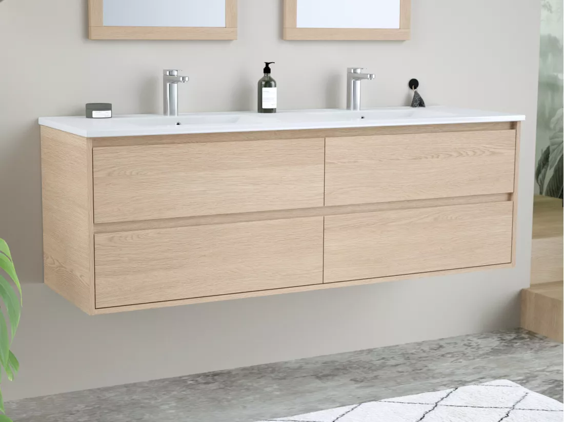 Meuble de salle de bain suspendu avec vasque à encastrer - Placage chêne - 150 cm - MILIPAM