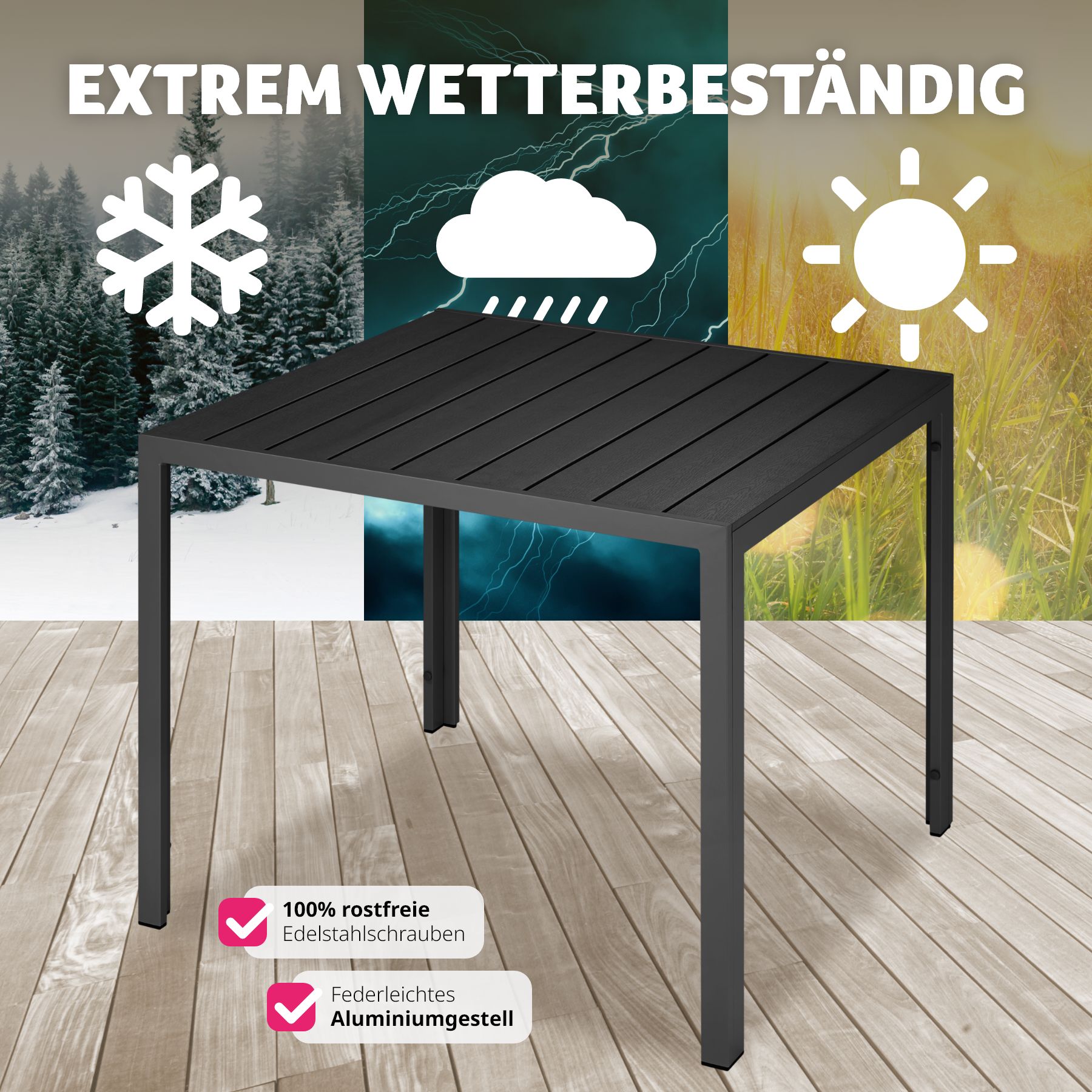 tectake® Gartentisch, aus Aluminium und Kunststoff, wetterfest und UV-beständig, 90 x 90 x 74,5 cm