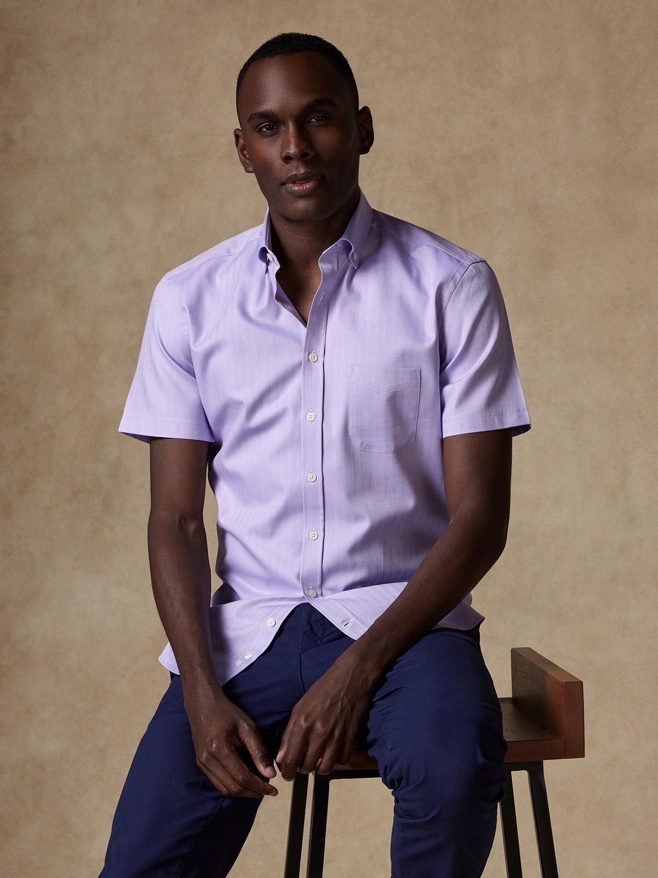 Chemise manches courtes en Chevron parme - Col Boutonné