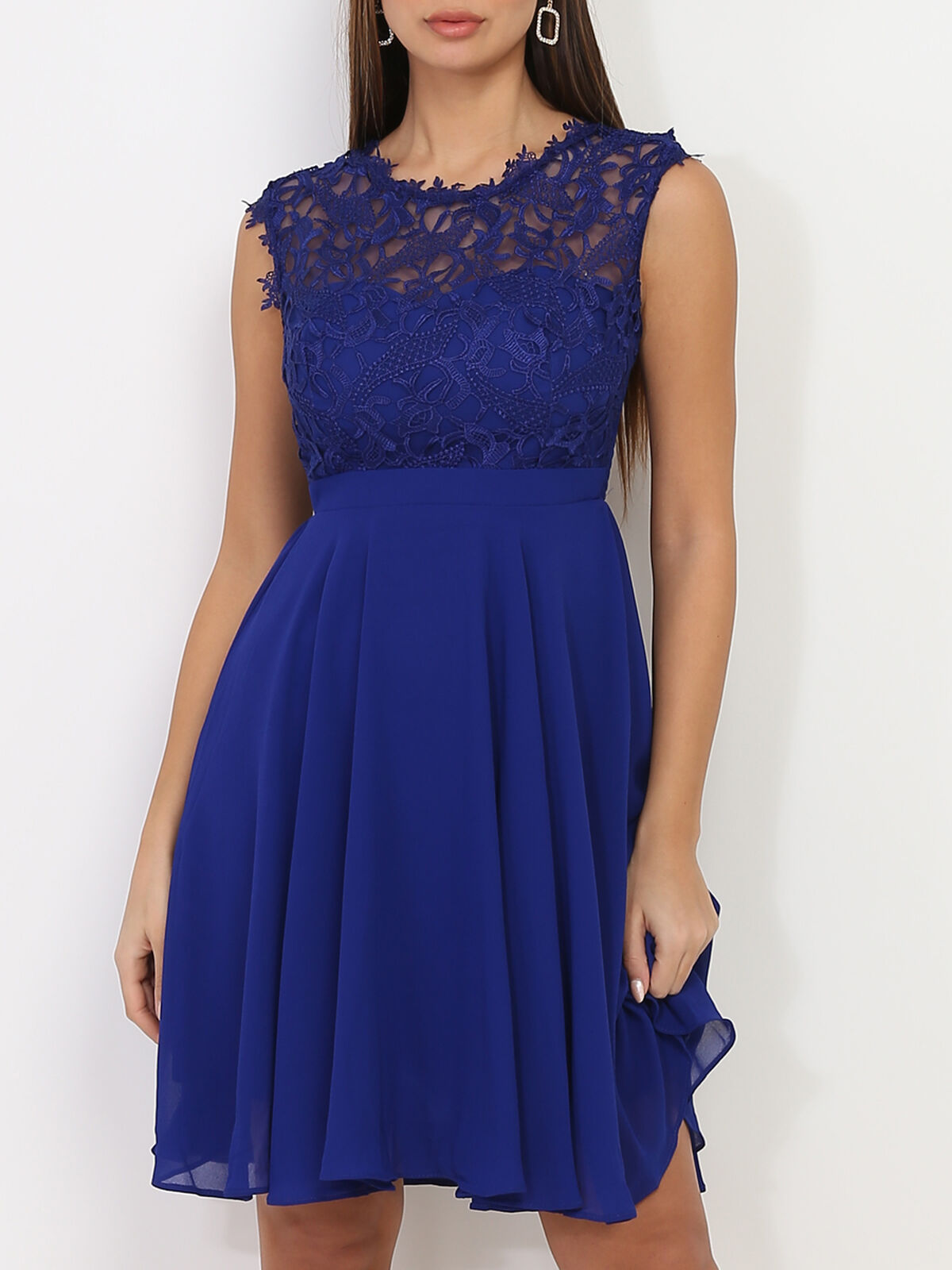 Robe à encolure dentelle grandes tailles- Bleu