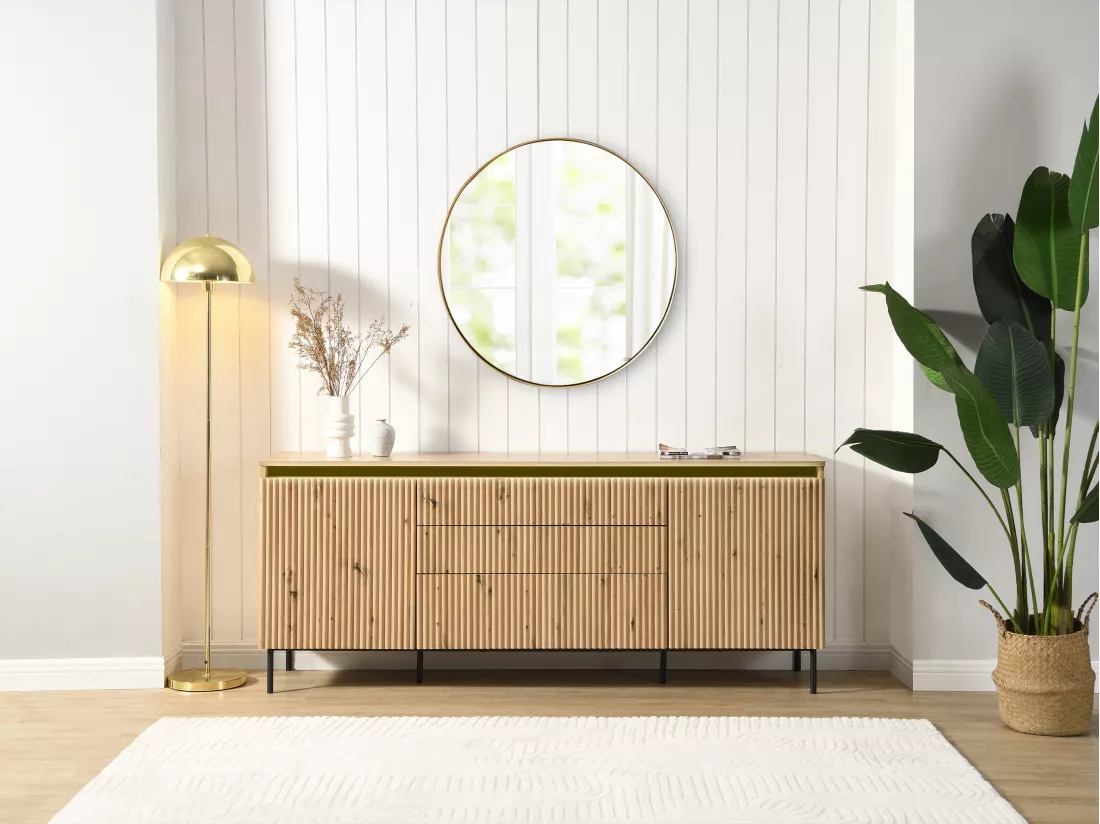 Buffet 2 portes et 3 tiroirs en MDF et métal - Avec LEDs - Naturel et Noir - VIDALEO