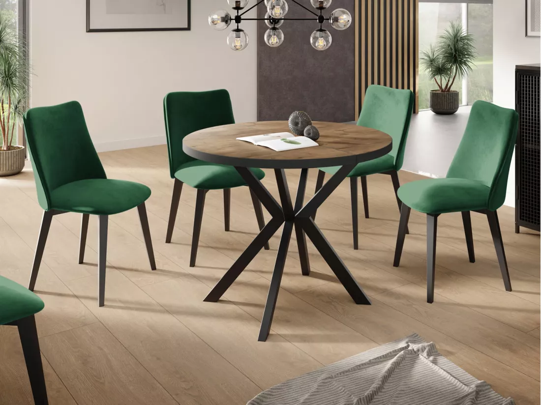 Table Ronde à Rallonges Pour La Salle à Manger - 120/196 Cm - Table Avec Pieds En Métal Noir - Compacte - Chêne Lefkas