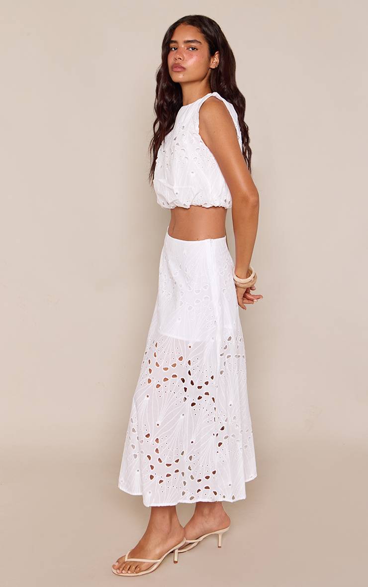 Blanc Jupe Mi-Longue Superposée En Broderie Anglaise