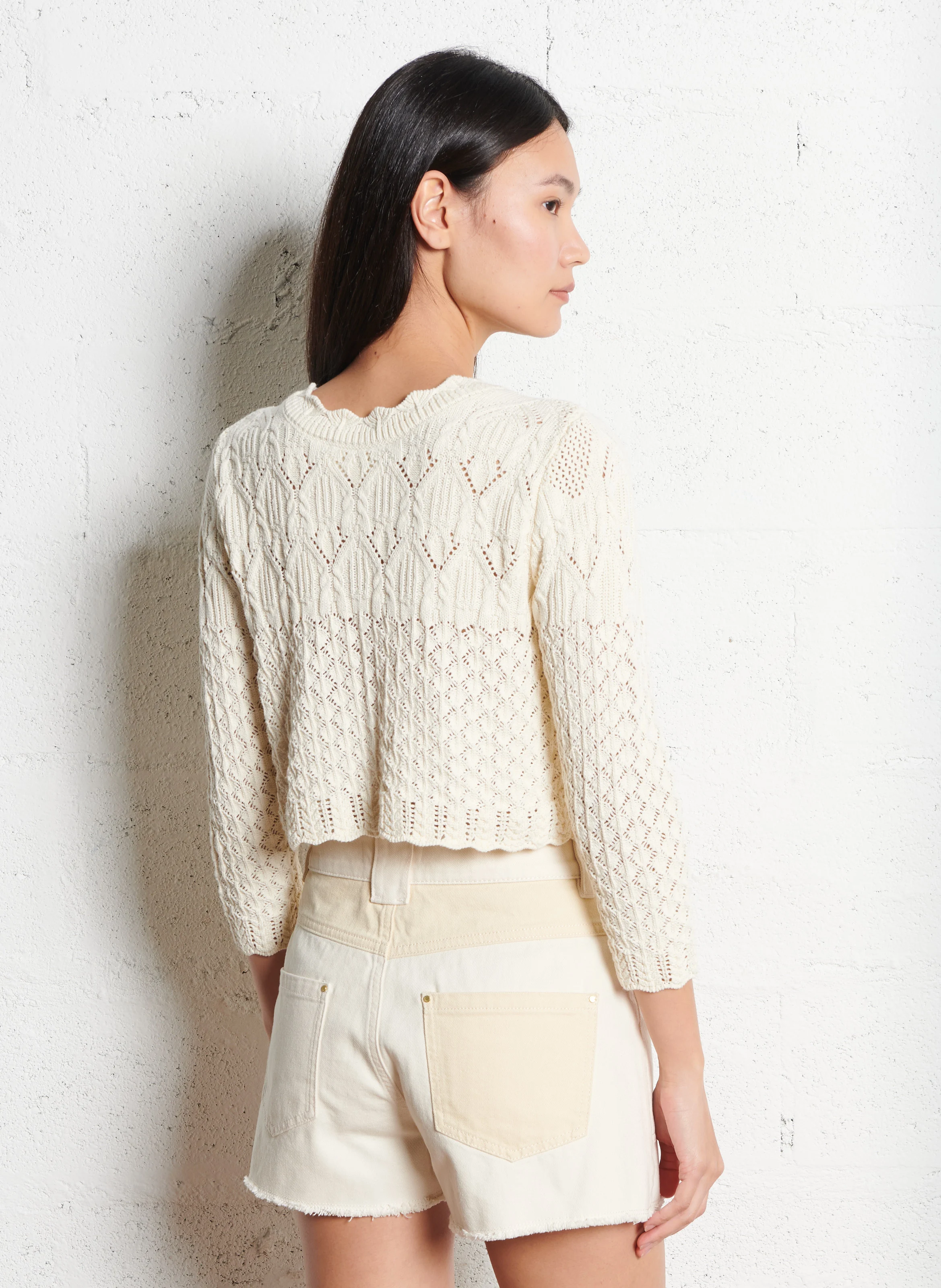 JUMP - Cardigan col rond à broderies ajourées en coton | Beige