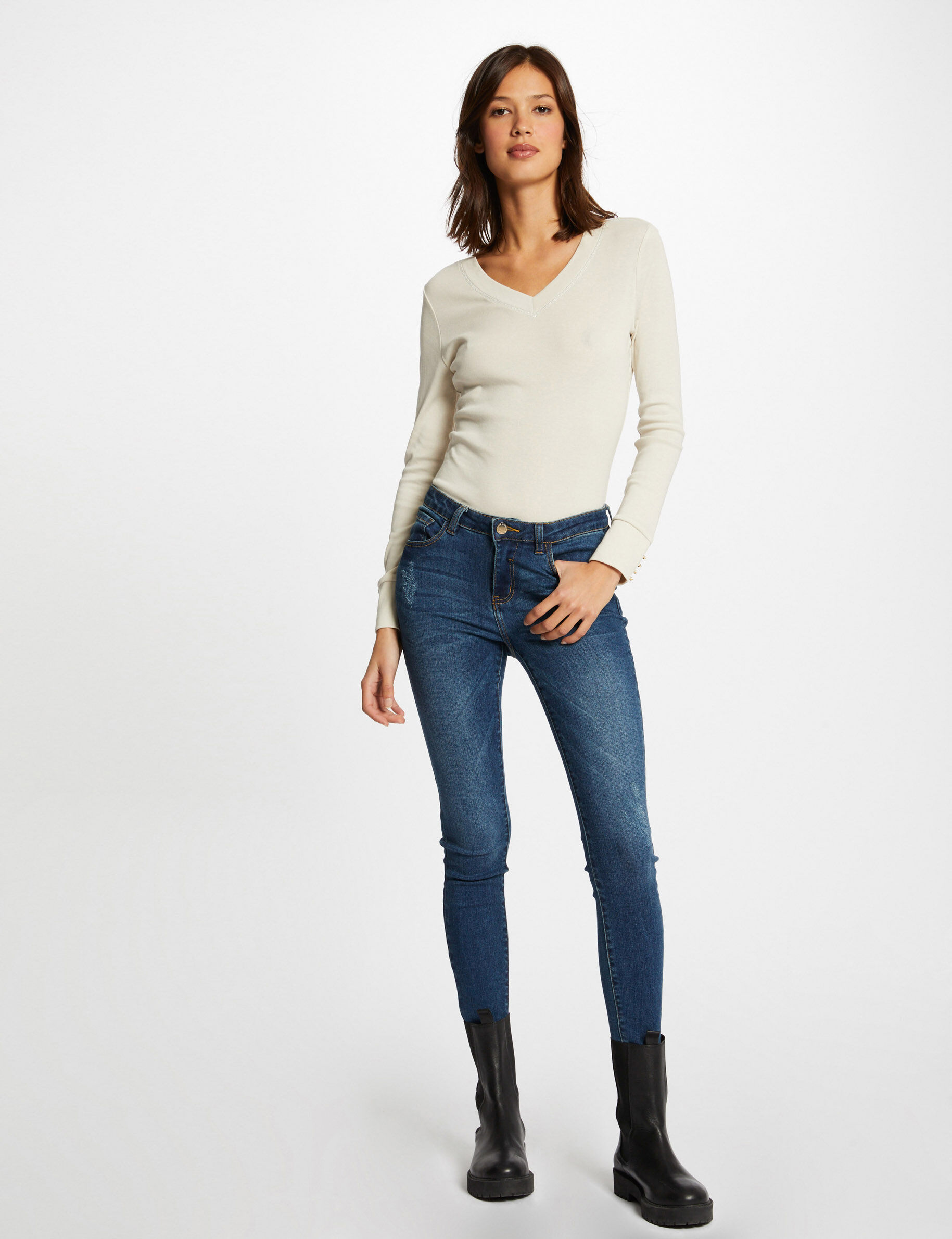 T-shirt manches longues avec col en V beige femme - beige