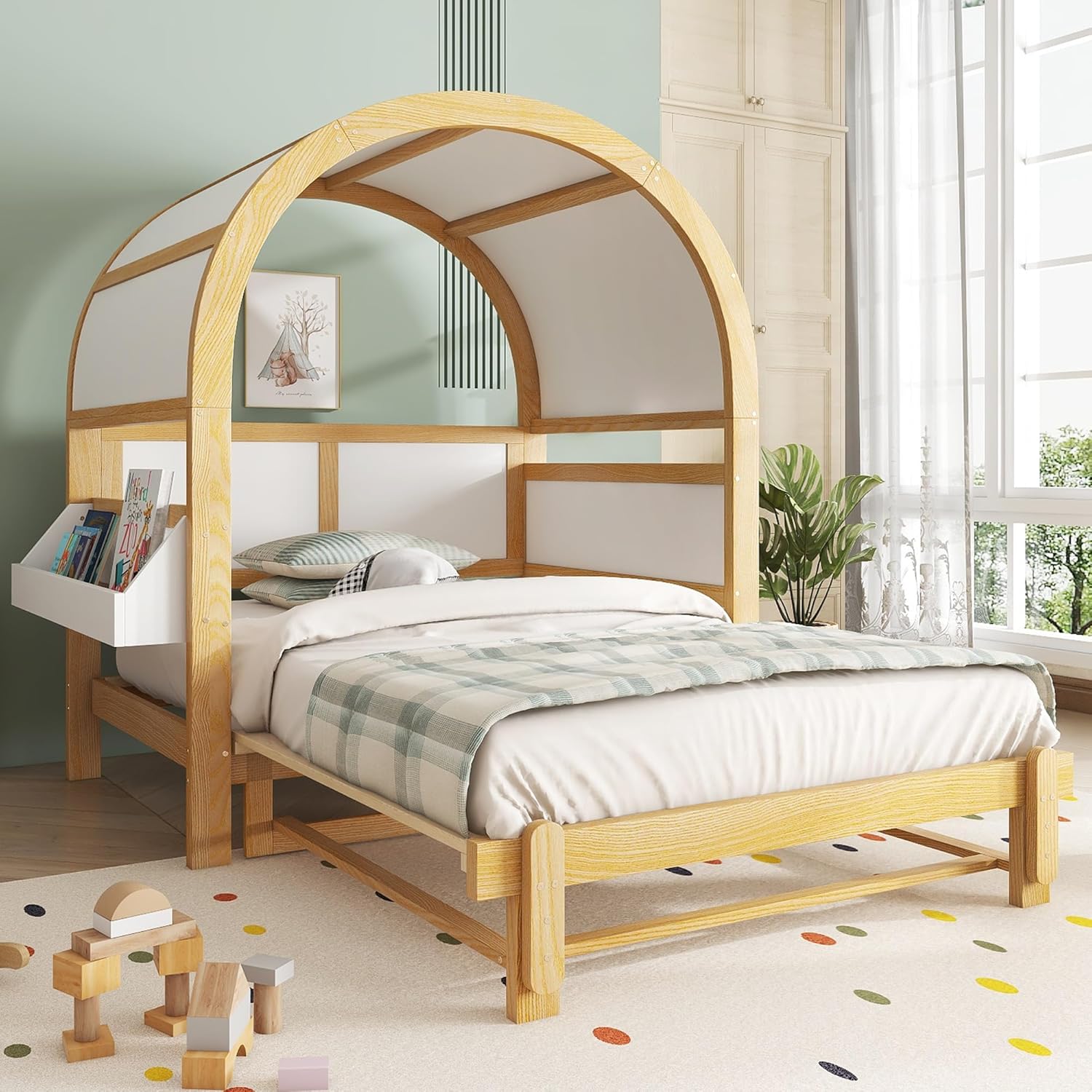 Merax Kinderbett 140x200 cm mit Ausziehbett, Gewölbtes Dachbett Hausbett, Tagesbett mit Ablagefläche, Erweiterbares Schiebebett aus Kiefer+MDF, Weiß/Natur, Stabiler Lattenrost, Ohne Matratze