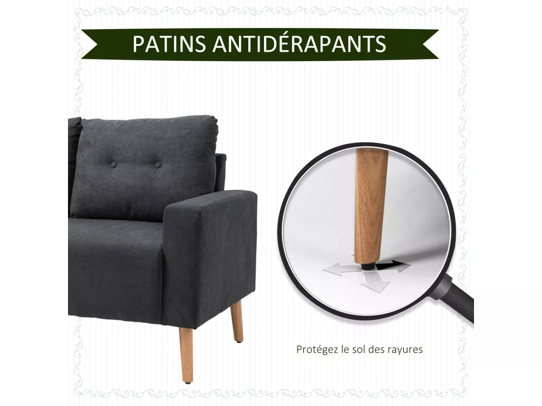 Canapé 2 places design scandinave dim. 145L x 76l x 88H cm pieds bois massif tissu gris foncé