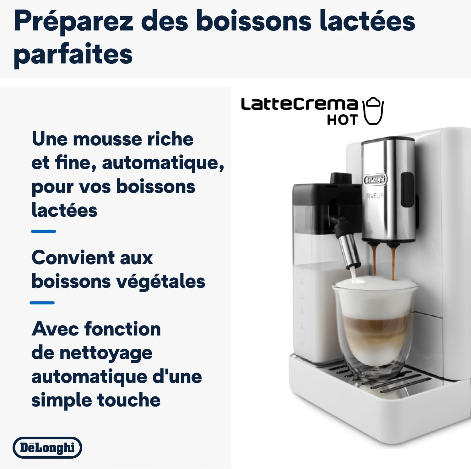 De'Longhi Rivelia EXAM440.55.W, Machine À Café Grain Automatique, Grains Fraîchement Moulus, Bac à Grains Interchangeable, Carafe à lait Automatique, 16 Recettes, Écran Tactile Couleur, Blanc