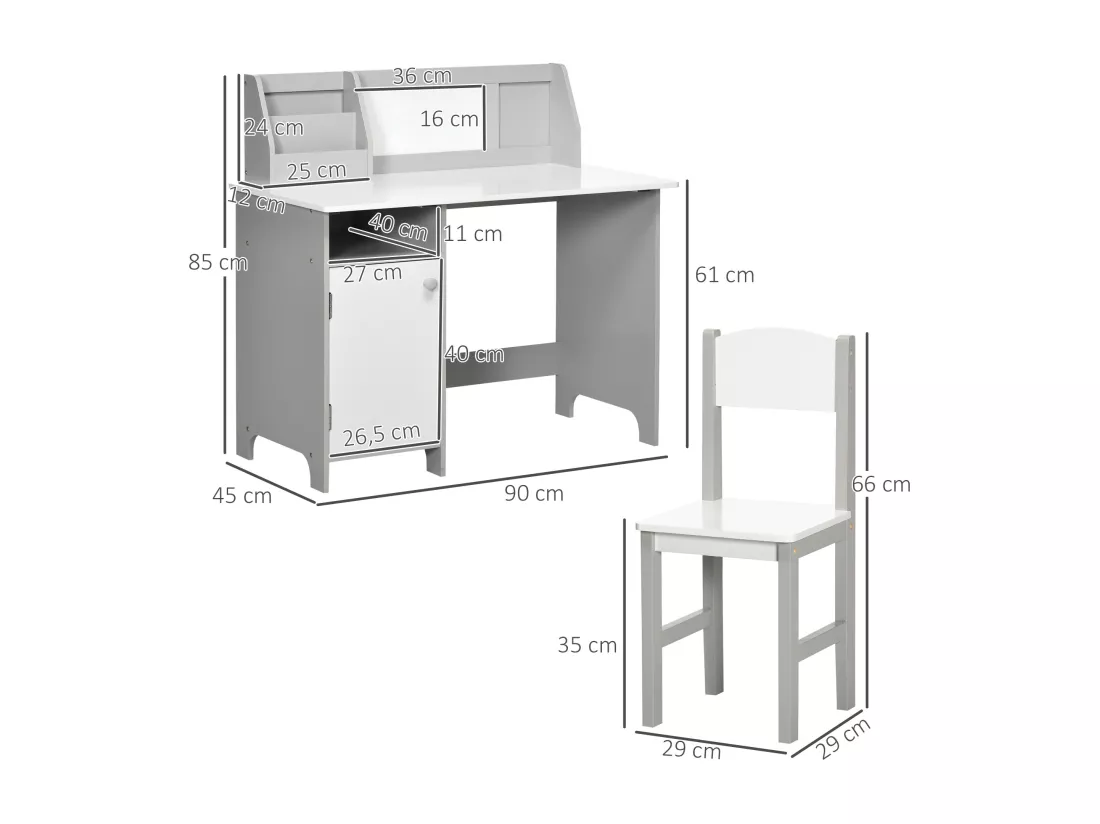 Ensemble table et chaise pour enfant gris avec tableau blanc - bureau pour enfant +5 ans - 90L x 45l x 85H cm