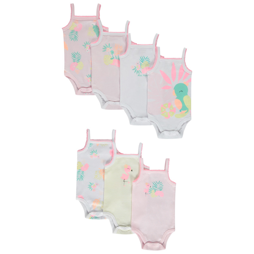 Lot de 7 bodies débardeurs motifs oiseaux tropicaux pour bébé fille