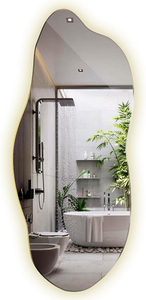 Großer Spiegel mit Beleuchtung LED 45x100 cm Organische Form für Badezimmer Wohnzimmer Vorzimmer Schminkspiegel Asymmetrischer Neutrale Farbe Rahmenlos Minimalistisch Wanddekoration Wellenförmig