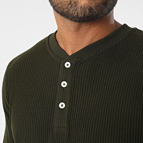Tee Shirt Manches Longues Col V Nolan Henley Vert Kaki Foncé