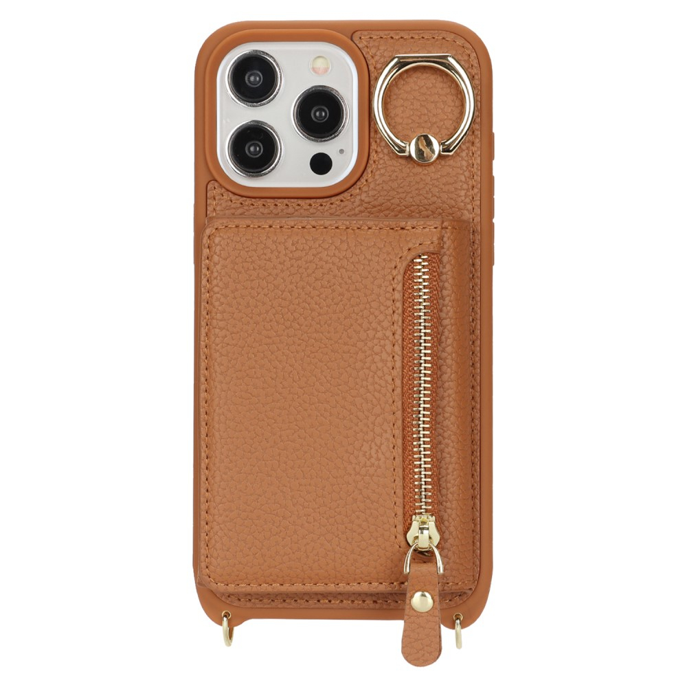iPhone 15 Pro Max Necklace Leder Hülle mit Münzfach und Kartenfächer   Finger Griff Halterung   Handykette - Braun