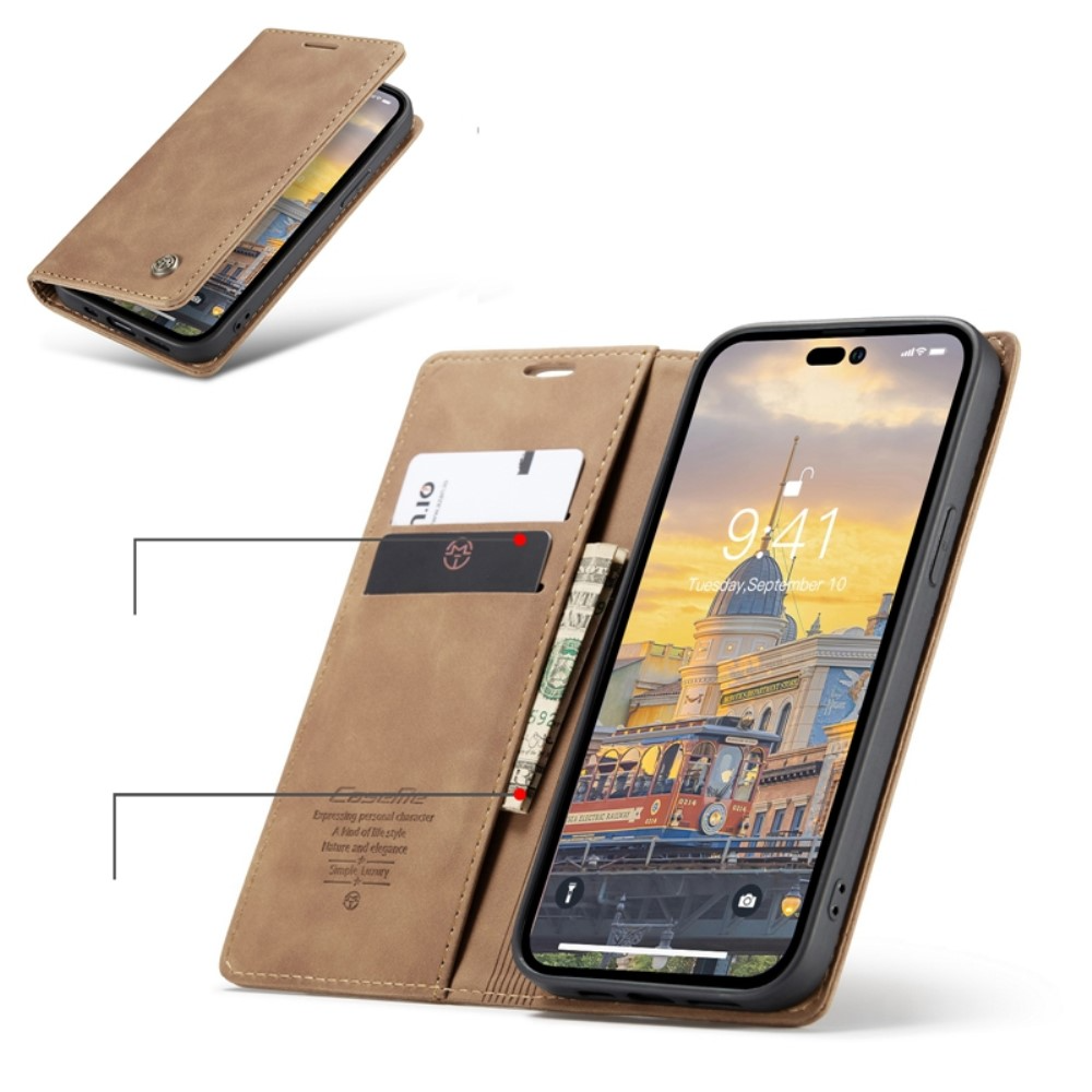 iPhone 14 Pro Leder Tasche Flip Wallet Etui mit Kartenfächern - Hellbraun