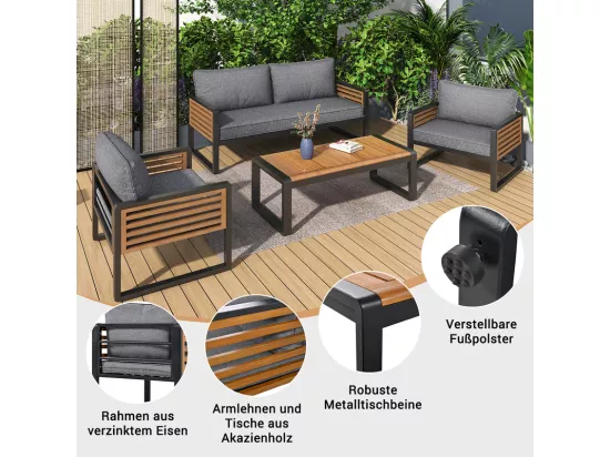 Salon de jardin en Fer 4 personnes - 1 canapé、2 fauteuils et 1 table basse - décoré de Bois d'Acacia - Gris