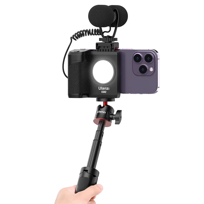 Universal Wireless Handy-Stabilisator mit Griff / Bluetooth-Fernbedienung (15m) / LED-Licht / Selfie-Halterung / Kompatibel mit Stativ - Schwarz
