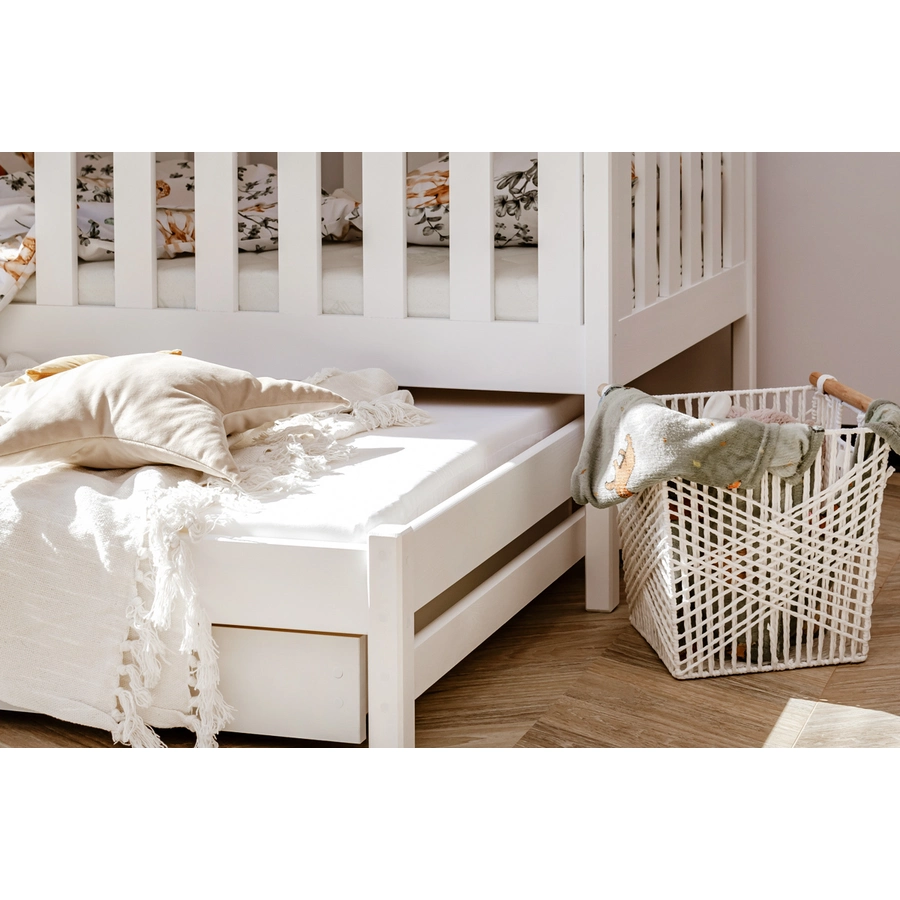 Kids Collective Hochbett 80x180 | 90x200 mit Ausziehbett Etagenbett mit Ausziehfunktion, Schubladen weiß mit 3 Matratzen