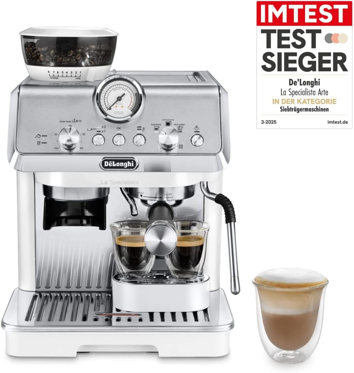 De'Longhi Siebträgermaschine La Specialista Arte EC9155.W, Espressomaschine mit Mahlwerk, 8 Mahlgrade, 15 Bar, 3 Temperaturen, Milchschaumdüse, 1550W, 1,7L Tank, Weiß inkl. Barista-Kit