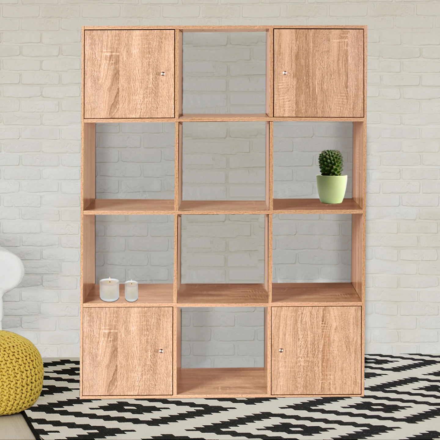 Meuble de rangement cube RUDY 12 cases bois façon hêtre avec portes