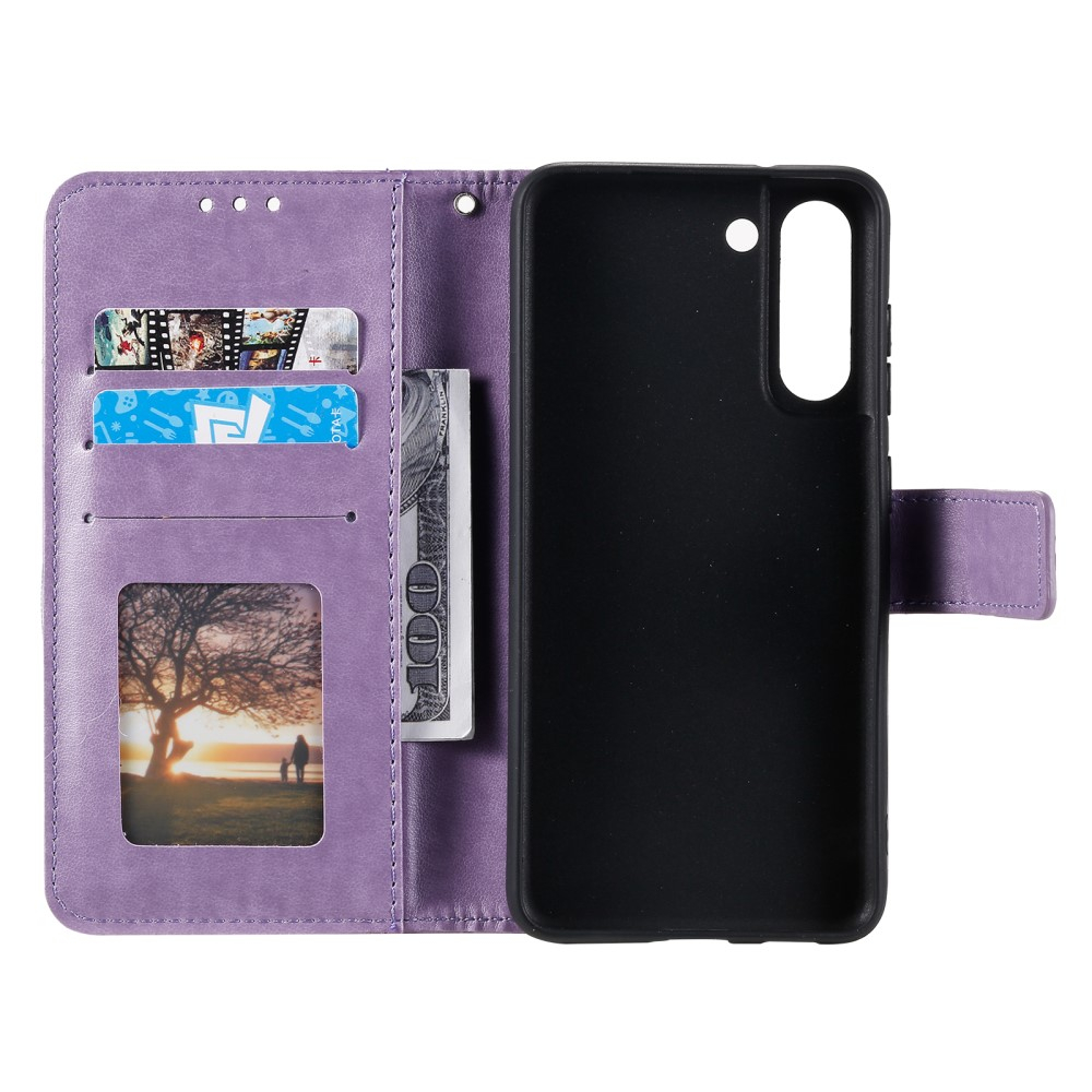 Samsung Galaxy S21 FE 5G Leder Tasche Wallet - Mandala Flowers Imprint - Violett