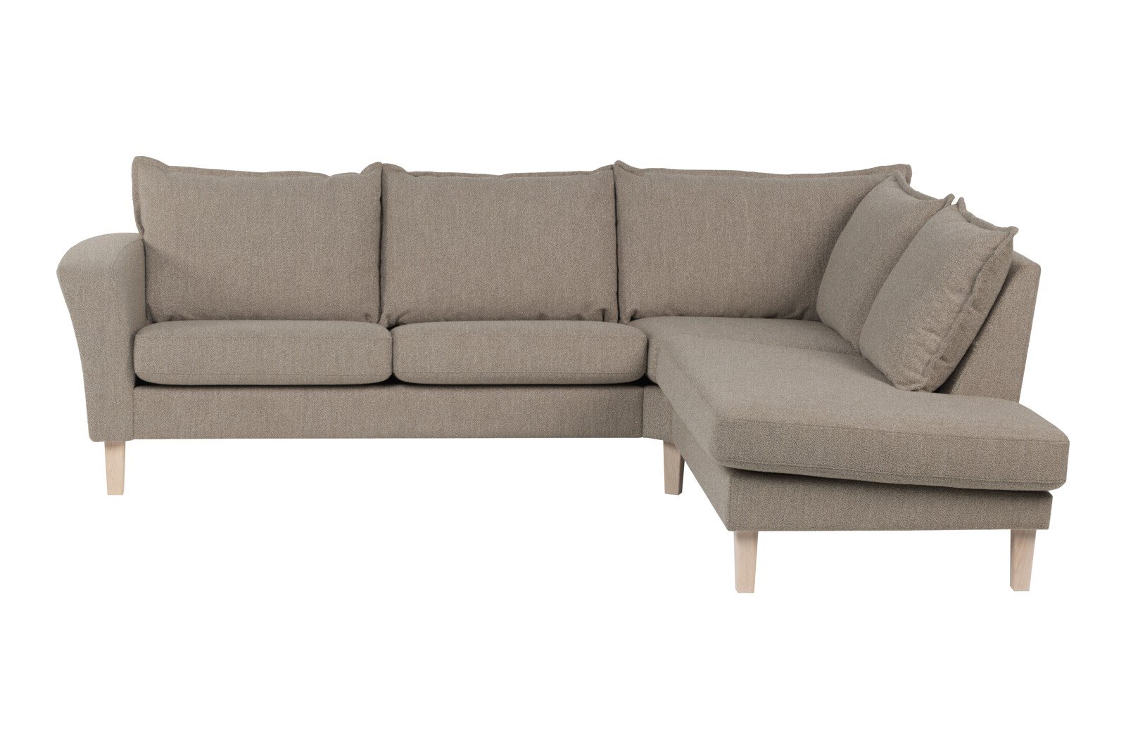 Slogen hjørnesofa Oppsett AH. 2,5-seter med åpen ende høyre. Tekstil Viva Earth med soft ryggpute. Vange A og hvitpigmentert ben 178.