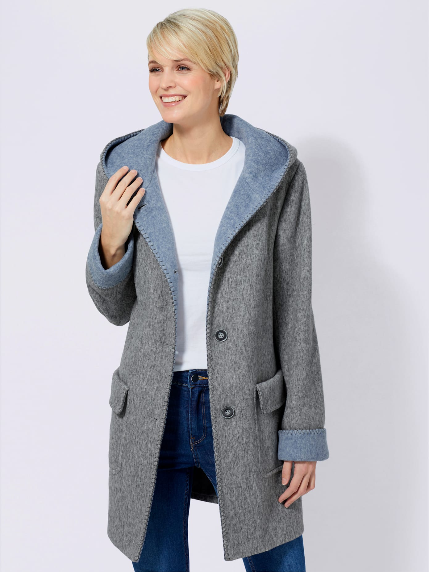 Manteau imitation laine poches plaquées à rabat avec capuche