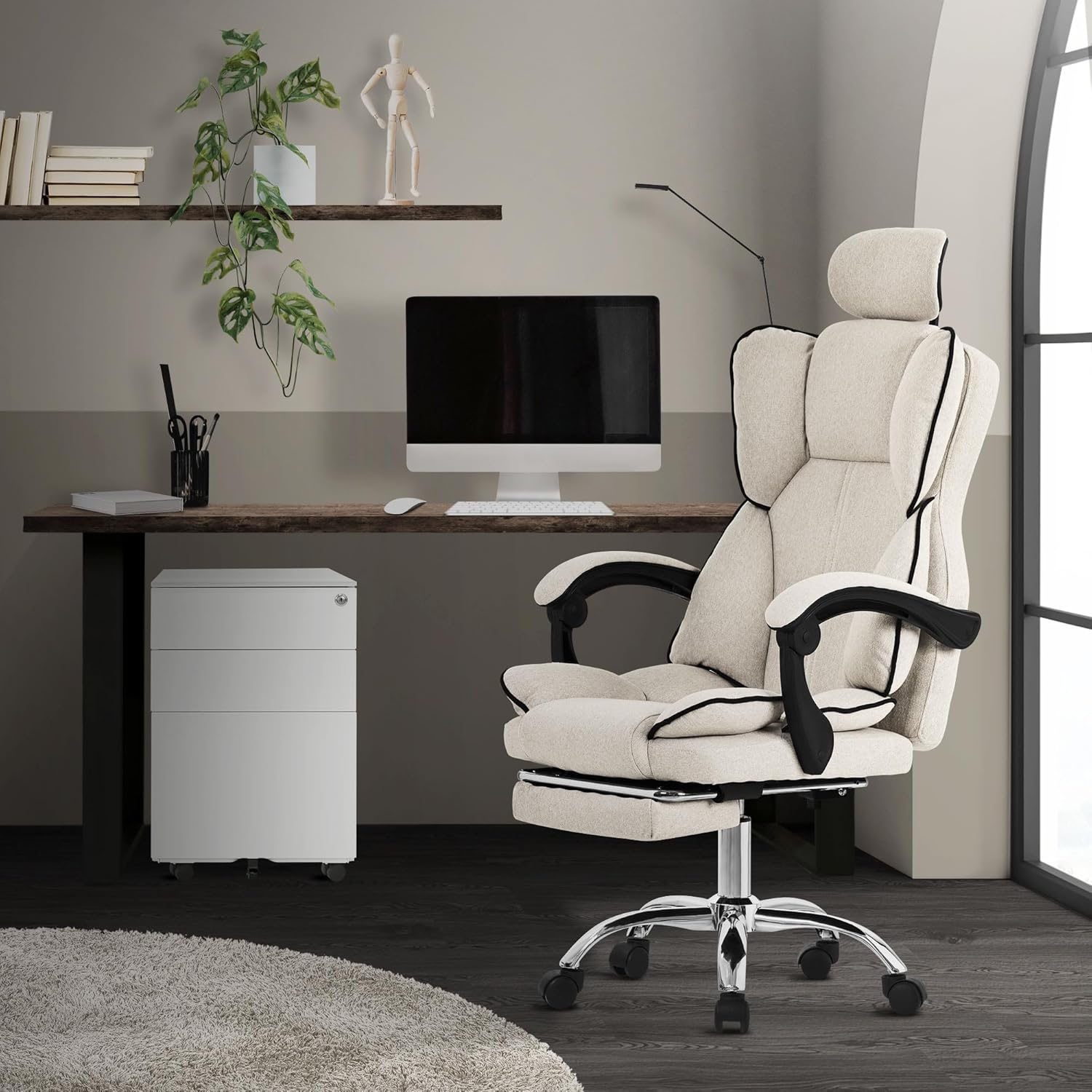 ML-Design Bürostuhl ergonomisch, Beige, Schreibtischstuhl höhenverstellbar mit hoher Rückenlehne, Drehstuhl mit Fußstütze, Kissen und Kopfstütze, Chefsessel Wippfunktion, Computerstuhl, Gaming Stuhl