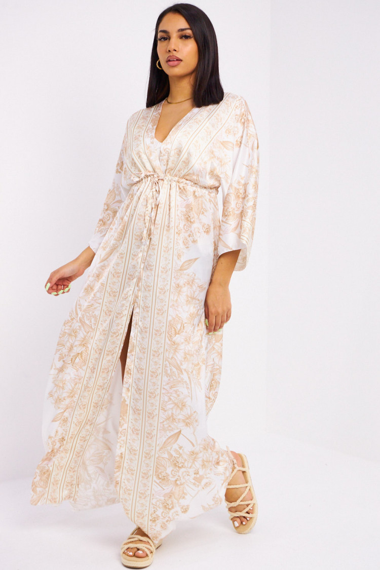 Robe chemise beige à fleurs col v