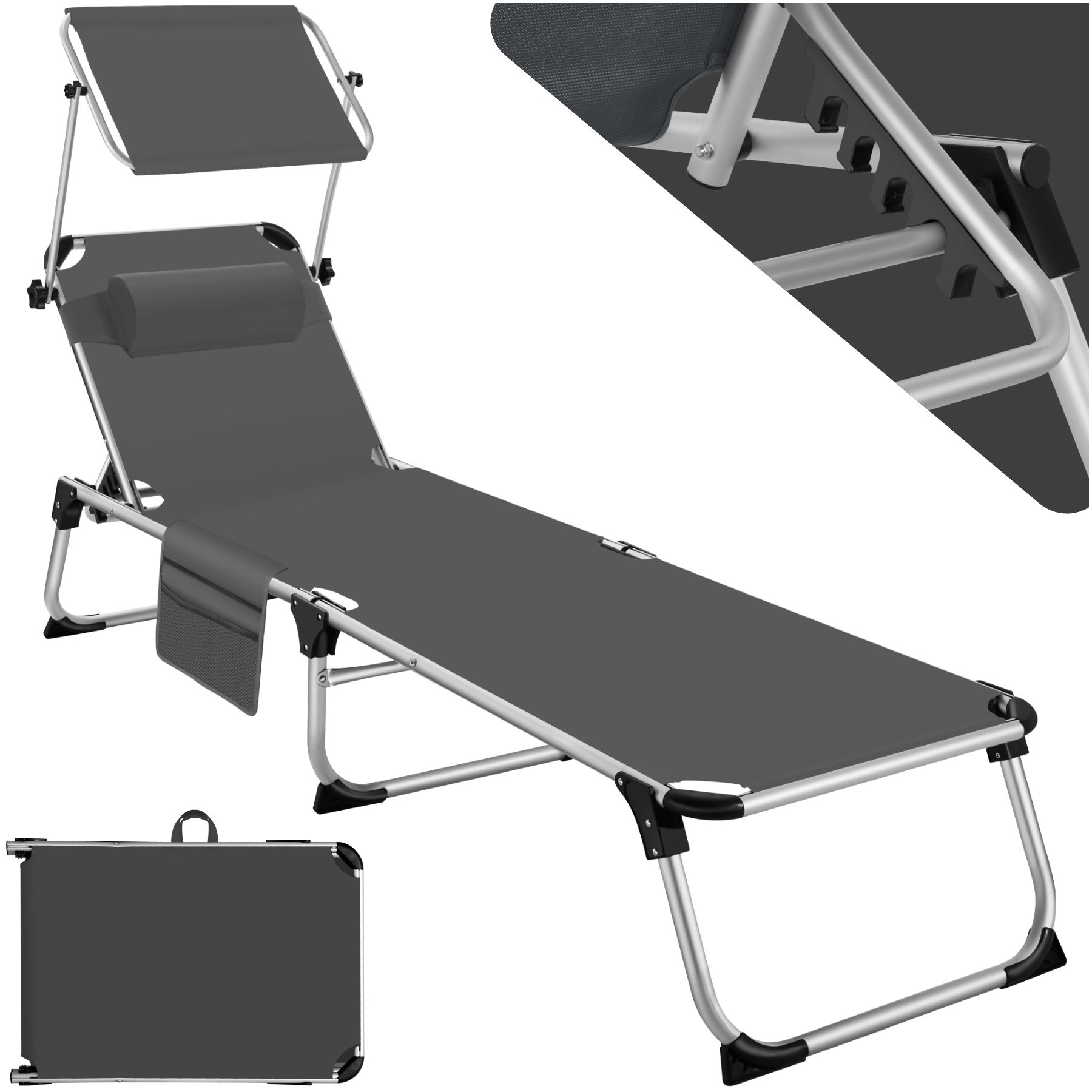 tectake® Sonnenliege, klappbar, mit Kopfkissen, 6-fach verstellbare Rückenlehne, 218 x 60 x 33,5 cm, inkl. Seitentasche