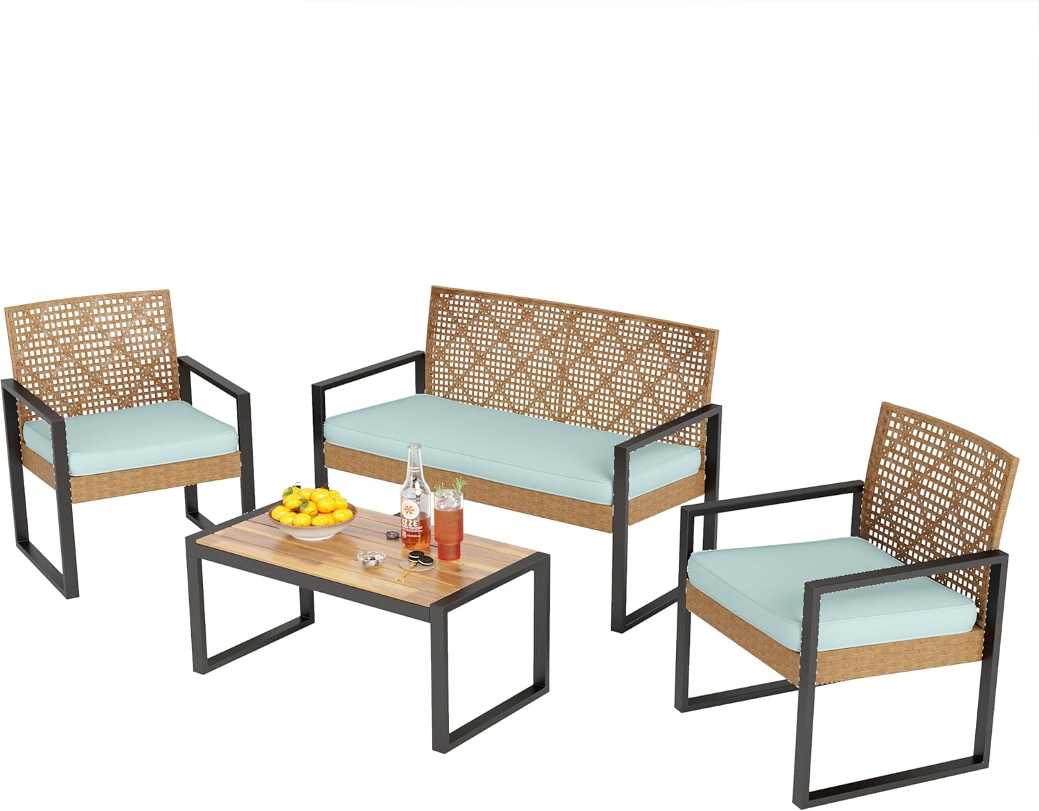 PHI VILLA Gartenmöbel Balkonmöbel Set mit 1 x 2-Sitzer Sofa, 2 x Sessel und 1 x Tisch, 4 Personen Outdoor Lounge Möbel Gartensofa. Wetterfest Rattan Balkon Lounge für Terrasse, Minzgrün und Gelb