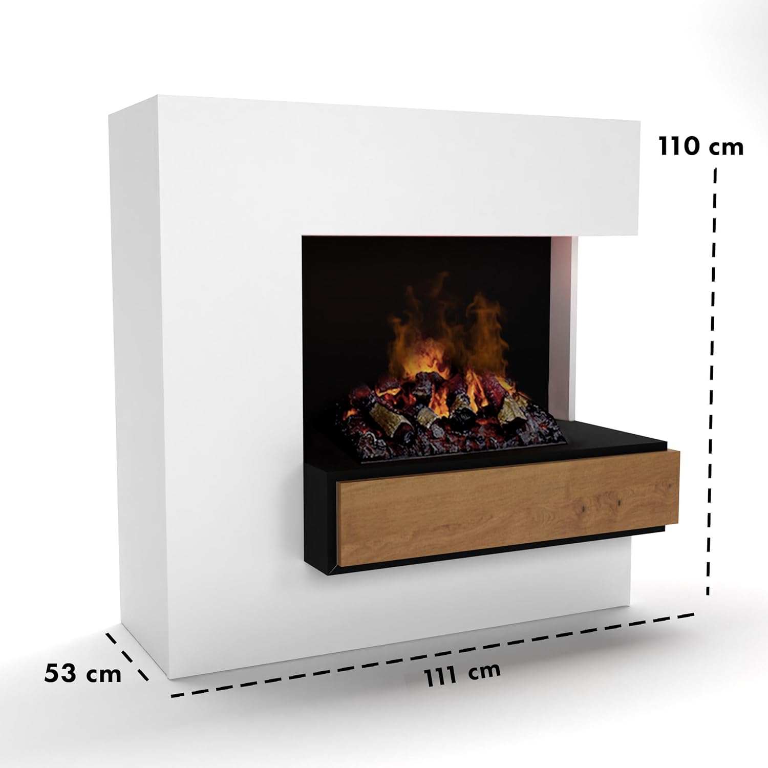 GLOW FIRE Wasserdampf Kamin PLANCK hoch rechts (Standkamin) - Elektrokamin mit realistischen LED 3D-Flammen, Knistereffekt & Fernbedienung, 111x110 cm - Opti-Myst 500 Elektro Kamin mit Holz-Deko, Weiß