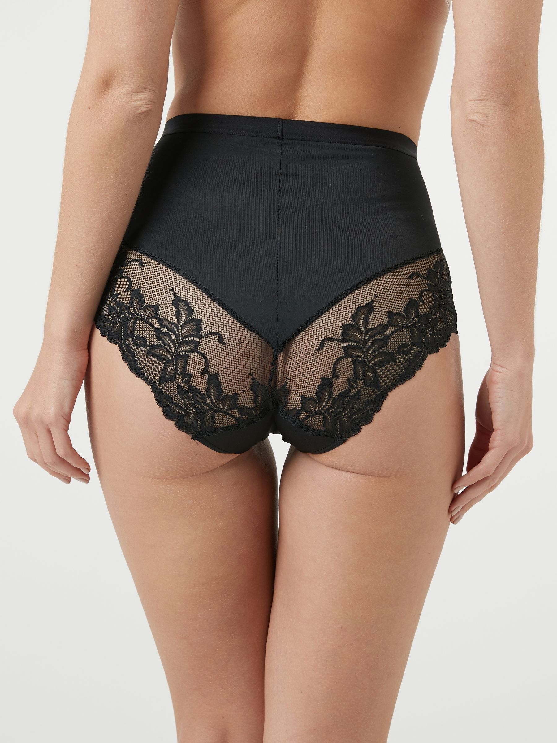 Zwart/praline huidskleur - Verpakking van 2 Braziliaanse slipjes met kanten achterkant en buikcorrigerend effect en print