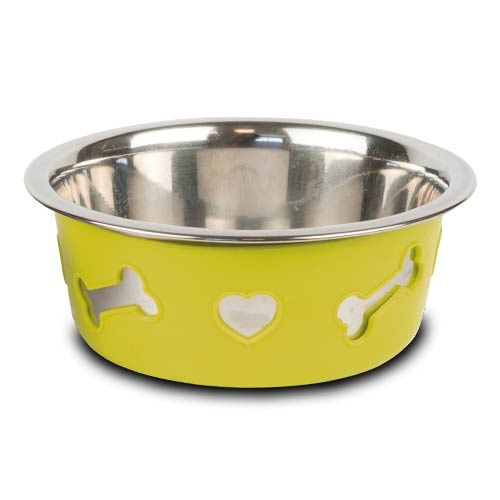 Alimentador de aço inoxidável. Tigela de silicone vermelha.