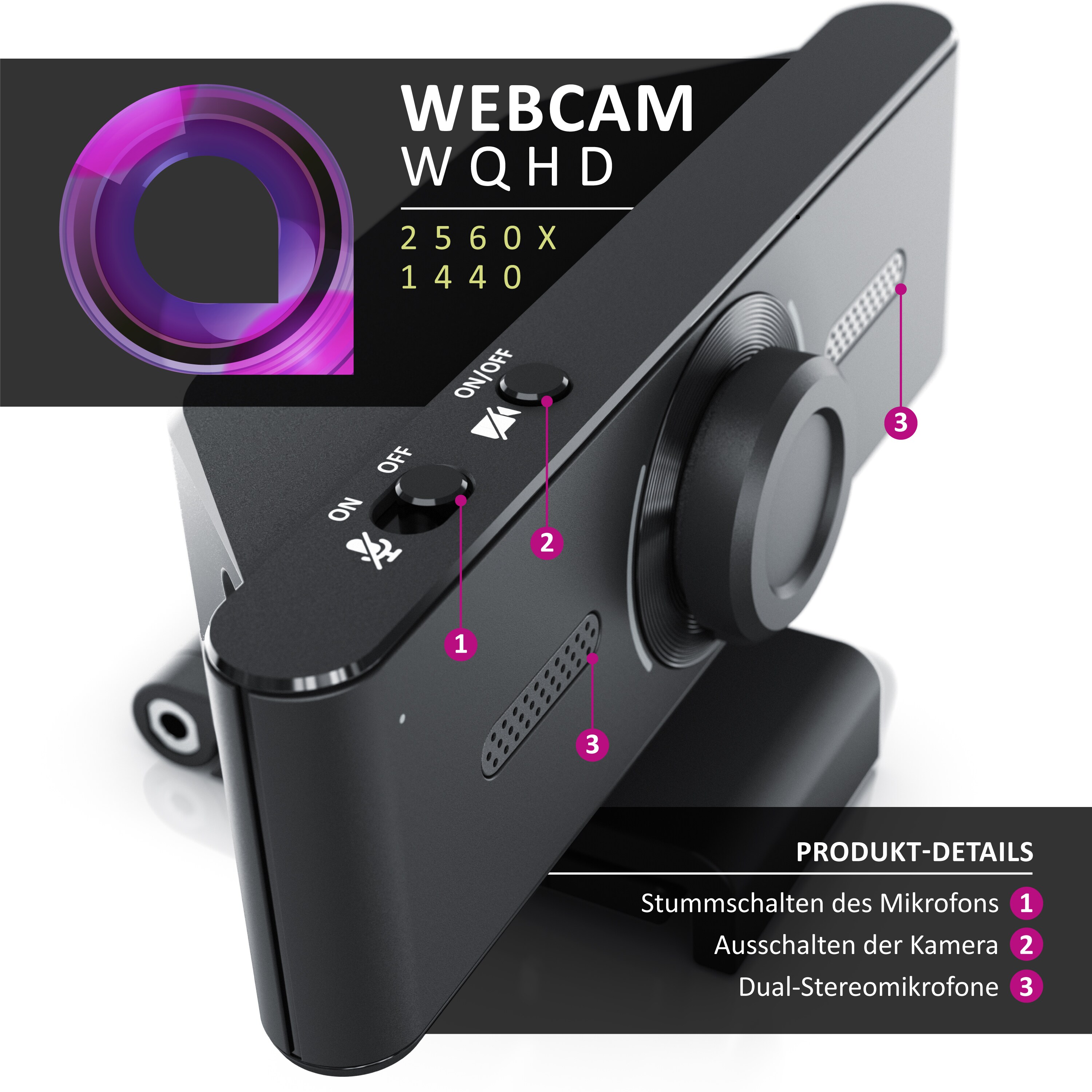 Aplic Webcam 2K - 1440p - 2560 x 1440 @ 30 Hz - Full-HD mit 60 Hz - manueller Fokus - Dual Mikrofone - Stativgewinde 1/4 Zoll - schwenkbare Halterung