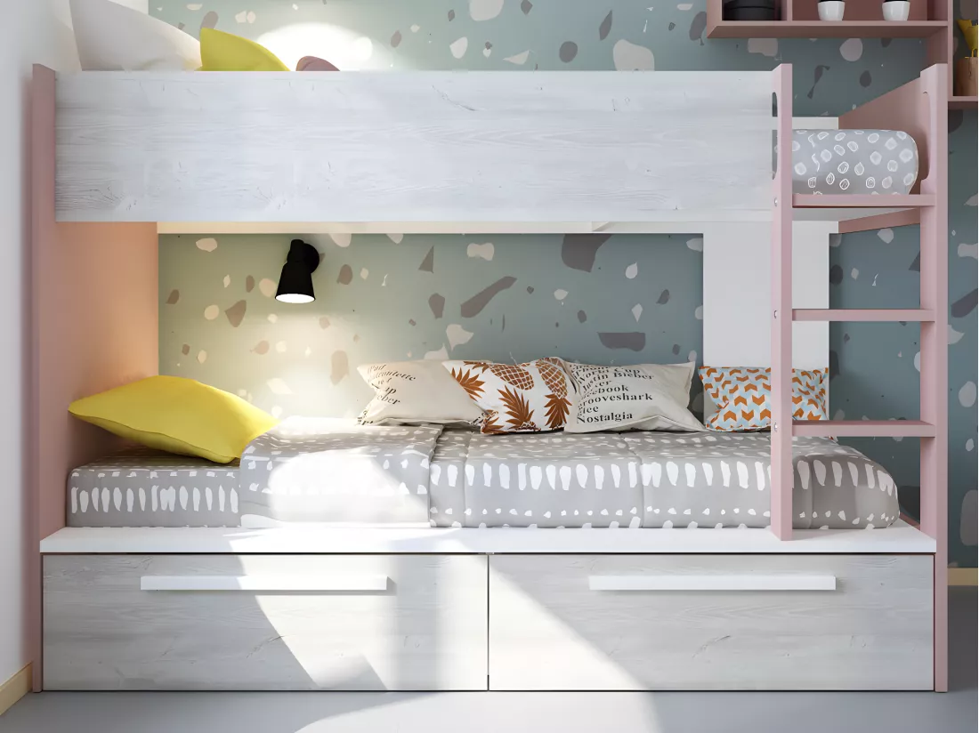 Lits superposés 2 x 90 x 200 cm - 2 tiroirs - Rose, naturel et blanc - TINOLI