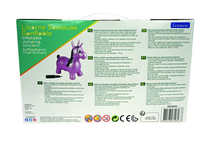 Lexibook Hüpftier Einhorn 50 cm Aufblasbares Einhorn zum Hüpfen und Springen