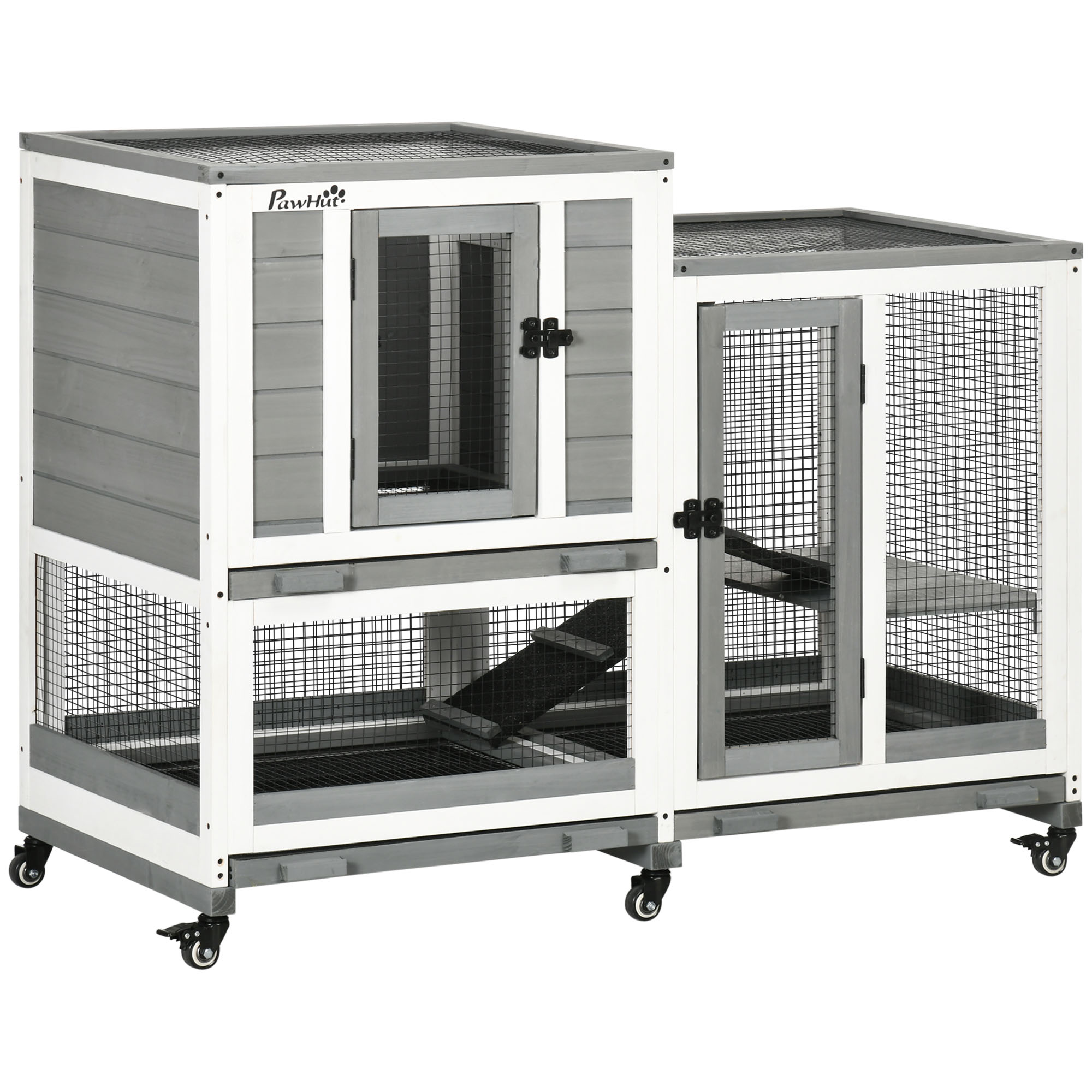 Gaiola de madeira PawHut para coelhos de pequeno porte, com 2 andares, 6 rodas, 2 escadas, 3 bandejas removíveis e área aberta, 110x50x86 cm, cinza.
