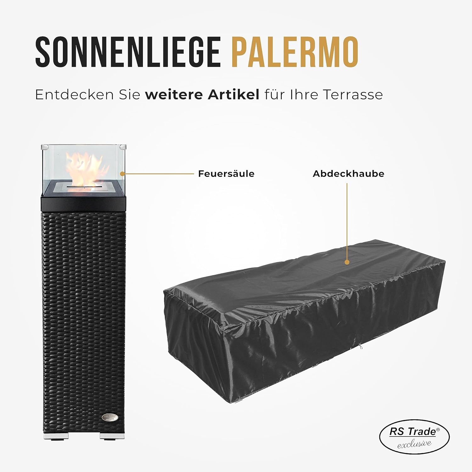 RS Trade Sonnenliege Palermo Schwarz/Grau - Outdoor Liege mit beständigem Poly-Rattan-Geflecht - verstellbare Rückenlehne – extra hoch & breite Liegefläche - inkl. Kopfteil und 10 cm Auflage